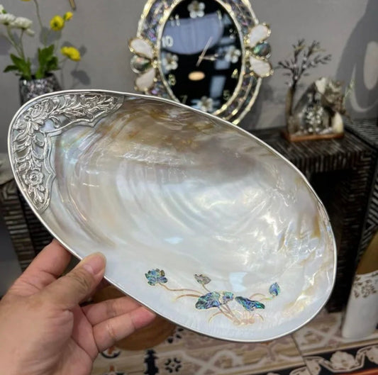Natural Shell Decorative Plate, 24-28cm Iridescent Pearl Mother-of-Pearl Color, Ornate Edge Carving, Mini Decor Matching, Jewelry Organizer, Desktop Display, Home Decoration