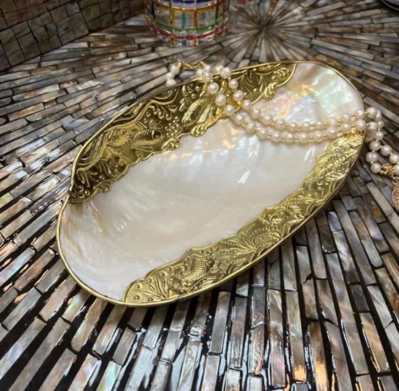 Natural Shell Storage Tray with Handcrafted Gold/Silver Edge Binding