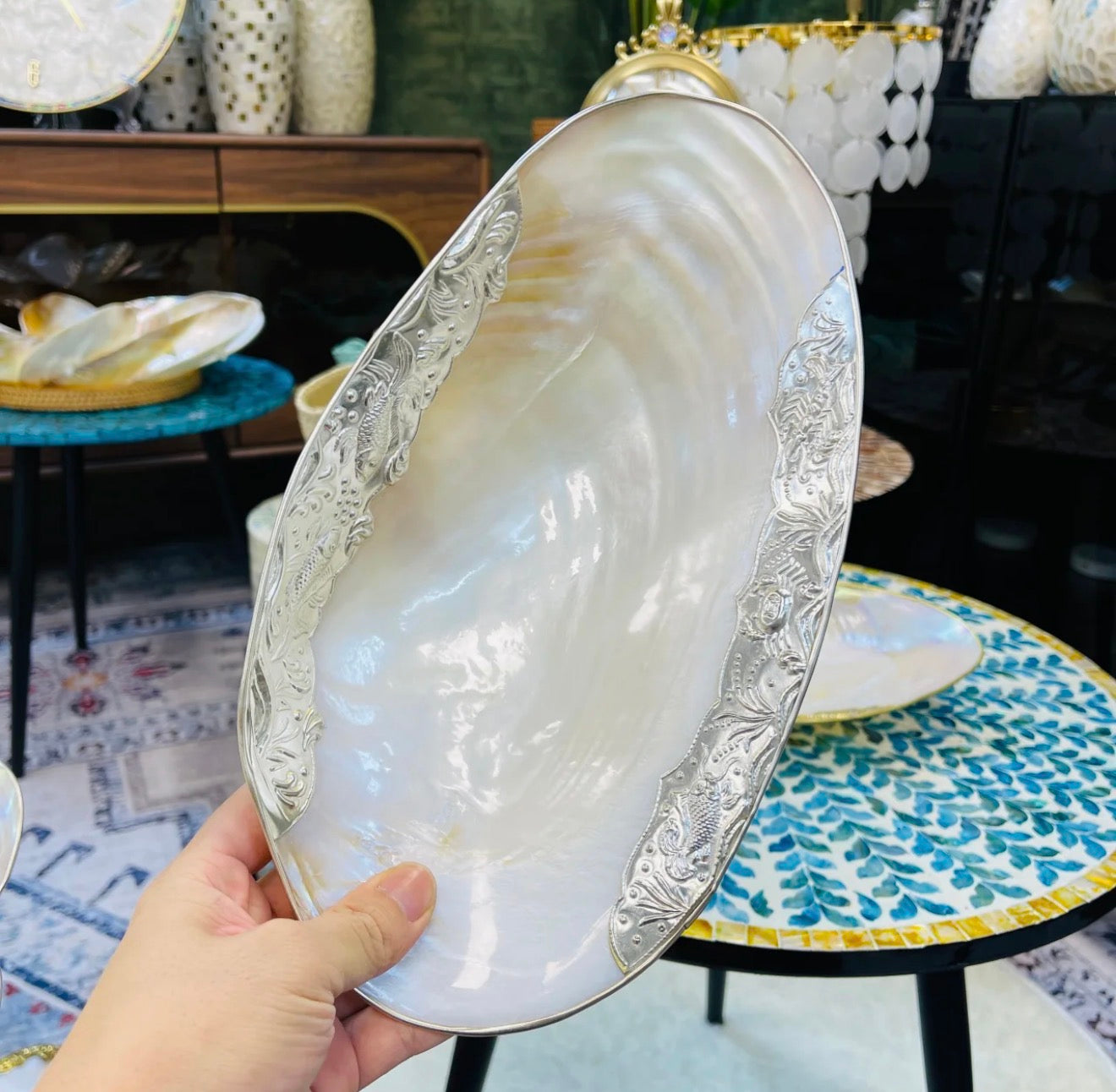 Natural Shell Storage Tray with Handcrafted Gold/Silver Edge Binding