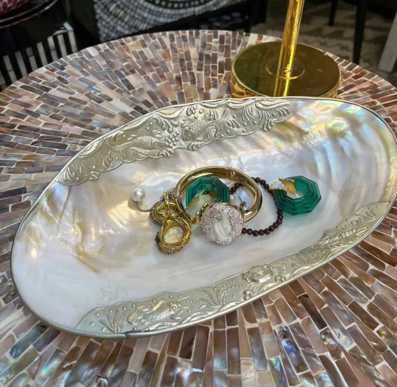 Natural Shell Storage Tray with Handcrafted Gold/Silver Edge Binding