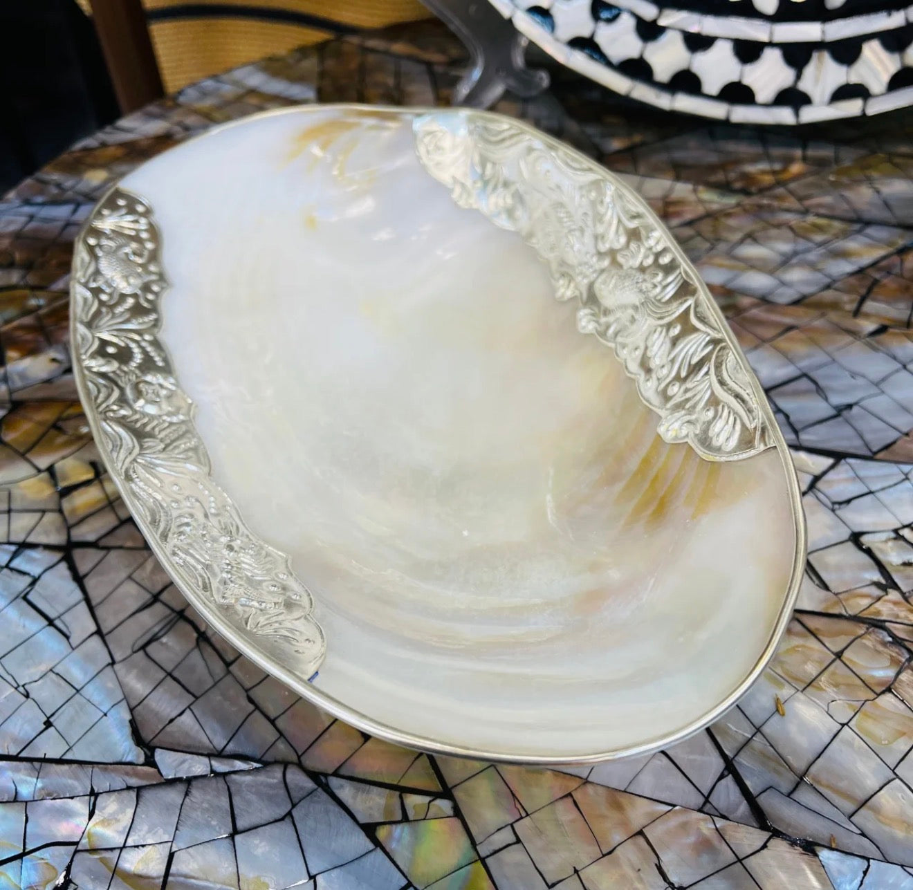 Natural Shell Storage Tray with Handcrafted Gold/Silver Edge Binding