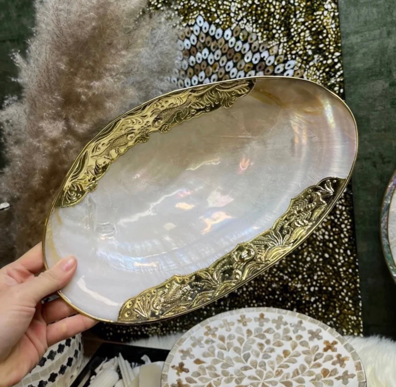 Natural Shell Storage Tray with Handcrafted Gold/Silver Edge Binding