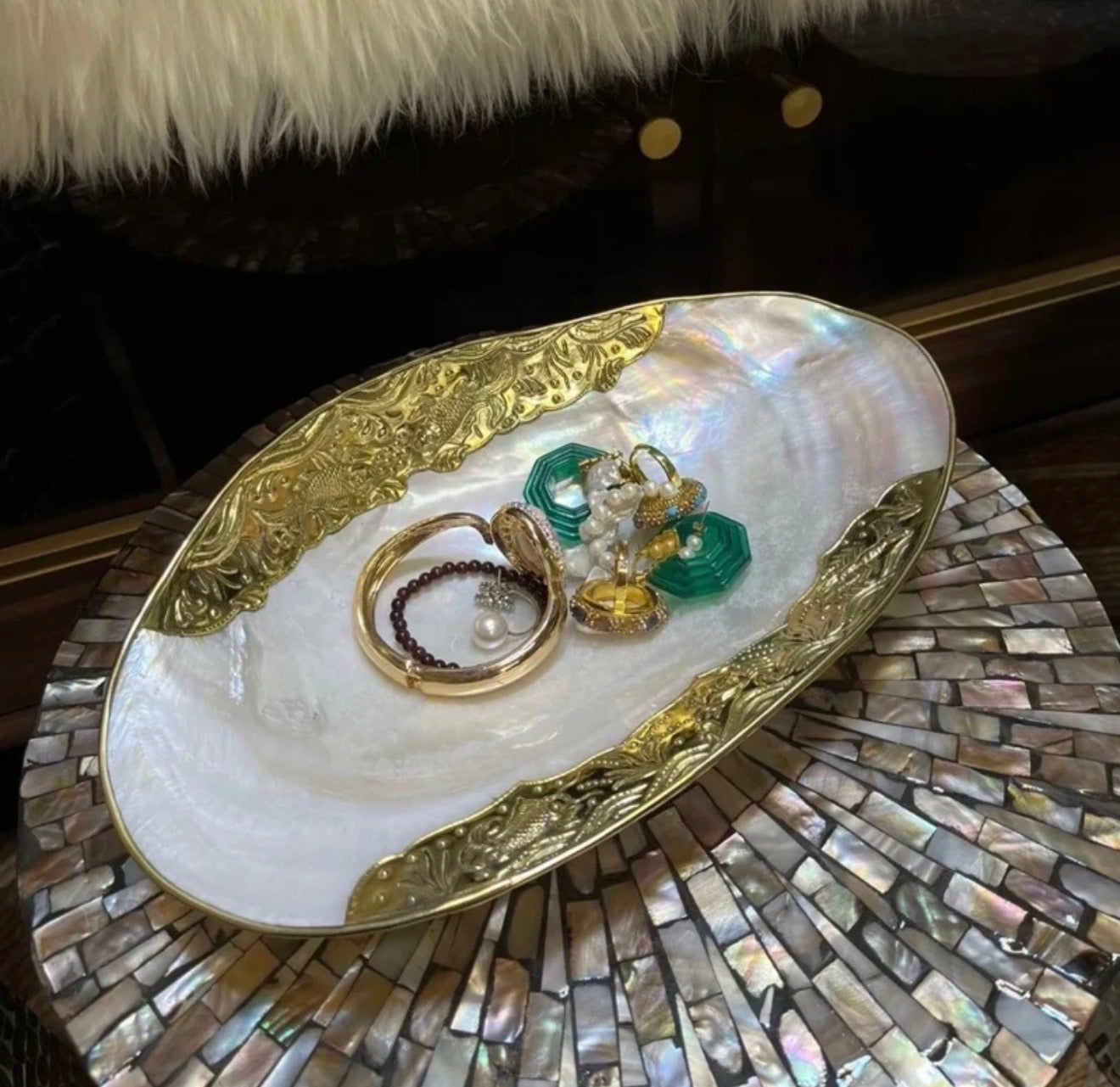 Natural Shell Storage Tray with Handcrafted Gold/Silver Edge Binding